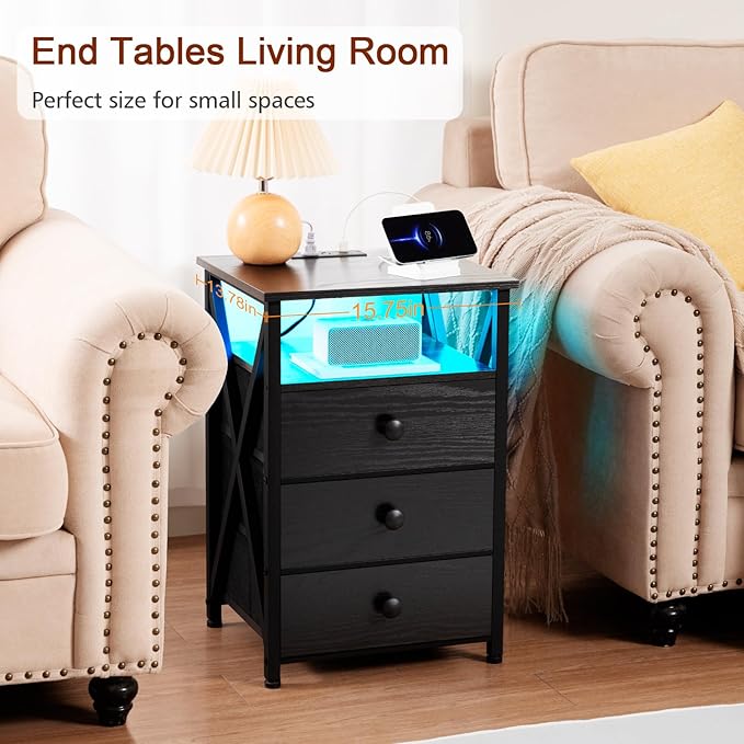 AMHANCIBLE Night Stand Set 2, LED Nightstand with Charging Station, End Side Tables with USB Port & Outlet, Bedside Table with Fabric Drawers for Bedroom Living Room, Black, HET053LBK
