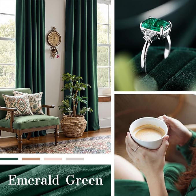 Lazzzy Velvet Blackout Curtains Thermal Insulated Room Window Drapes Super Soft Luxury Curtains for Living Room Bedroom Rod Pocket 2 Panels, Emerald Green, 42" W x 84" L