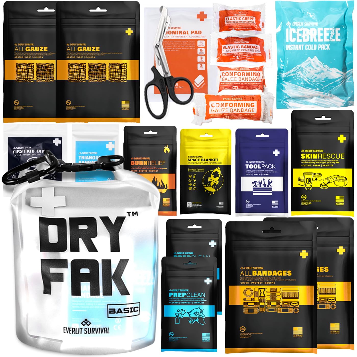 EVERLIT 290 Pc Waterproof First Aid Kit Dry FAK Medical Kit Emergency Survival Kit for Boat, Backpacking, Hiking, Fishing, Travel, Kayaking (Orange) (Clear)