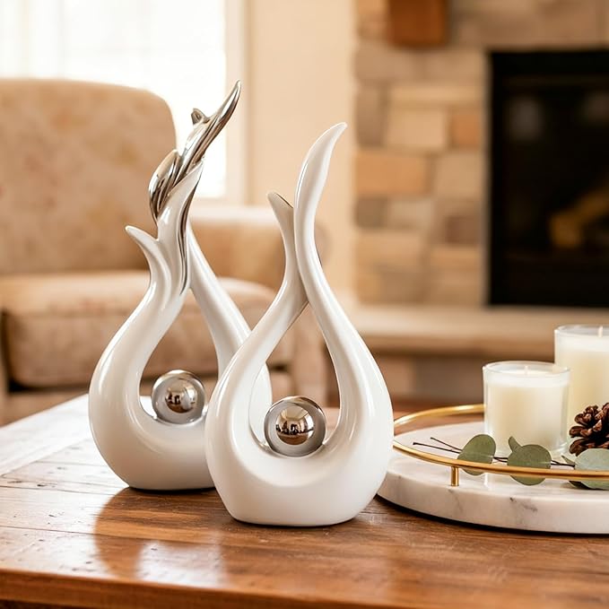 White and Silver Abstract Ceramic Sculptures 2 Set,Modern Home Decor Dining Table Objects,Silver Room Decor for Coffee Table, Shelf, Dining Room, Kitchen, Tv Stand, Entryway Or Desktop Display