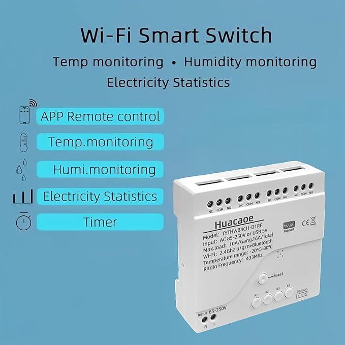 Tuya 4CH 85-250V Smart Temperature and Humidity Sensor,Dry Contact,Remote Application Control and Monitoring Function, Voice Control, Smart Scene, Compatible with Alexa and Google Home