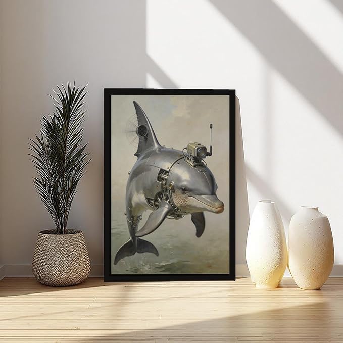 Framed Steampunk Mechanical Dolphin Wall Art - Marine Retro-Futuristic Poster for Beach House Living Room Decor 24x36in