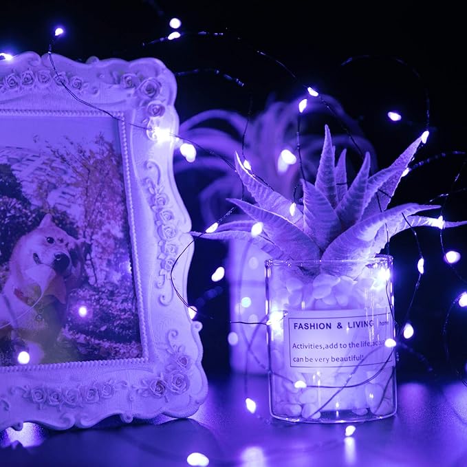 Halloween Purple Fairy String Lights: 12 Pack 7 Ft 20 LED Battery Operated Firefly Lights on Black Wire Starry Moon Lights for DIY Party Bedroom Patio