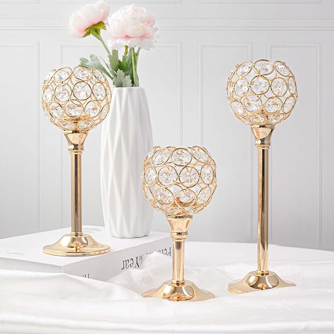 12pcs Bulk Crystal Candle Holder Set, 3 Sizes Tealight Candlestick Holders, Elegant Gold Candelabra for Wedding Table Centerpiece, Fireplace, Home & Living Room Decor