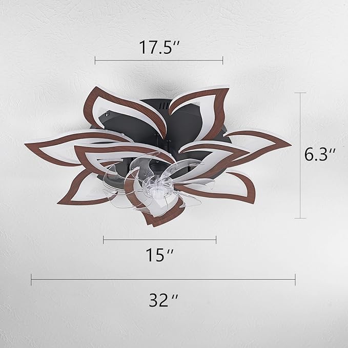 Modern Ceiling Fan with Light and Remote, Low Profile Ceiling Fans with Lights, 32 Inch Flush Mount Ceiling Fan with 3 Light Color 6 Speeds, Fandelier Ceiling Fans for Living Room (Malnutcolor)