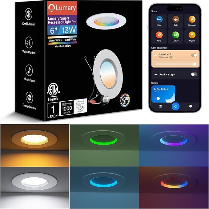 Lumary Smart Retrofit LED Recessed Lighting 6 Inch w/RGB Ring, 11W+2W RGBAI Retrofit Can Light, Wi-Fi Bluetooth Direct Connect, 66 Scenes Modes Compatible with Alexa Google, CRI 90 ETL 1000Lm, 1 Pack