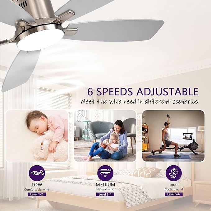52 inch Ceiling Fans with Lights, Flush Mount Ceiling Fan with Light and Remote/APP Control, DC Motor, Dimmable LED, Noiseless, Low Profile Ceiling Fan for Bedroom Indoor/Outdoor Use (Nickel
