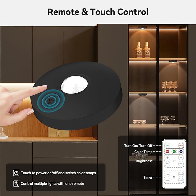 Yiliaw Rechargeable Puck Lights with Remote, 3 Pack Magnetic Under Cabinet Lighting, 1500mAh Battery Operated LED Tap Lights with Dimmer & Timmer for Kitchen, Closet, Shelf - 3 Color Temps, Black