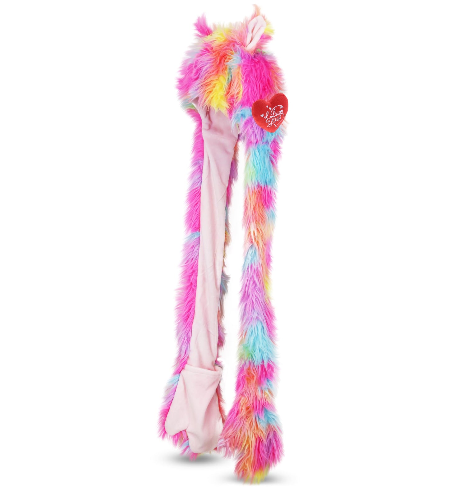 DolliBu I LOVE YOU Valentine Plush Rainbow Animal Hat - Cute Plush Hat + Scarf + Mitten with Red Heart, Name Personalization Gift For Valentines Day, Birthday, Anniversary, Romantic Date - 37 Inches