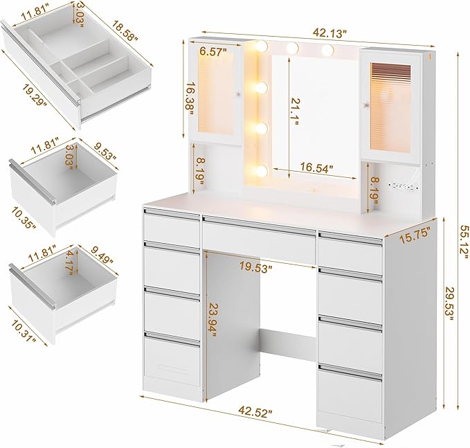 Vanity Desk with Mirror and Lights, 42.52" 9 Drawer Makeup Table with 2 RGB Lighting Cabinets and Power Outlet for Girls and Ladies Bedroom, White