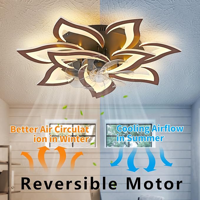 Modern Ceiling Fan with Light and Remote, Low Profile Ceiling Fans with Lights, 32 Inch Flush Mount Ceiling Fan with 3 Light Color 6 Speeds, Fandelier Ceiling Fans for Living Room (Malnutcolor)