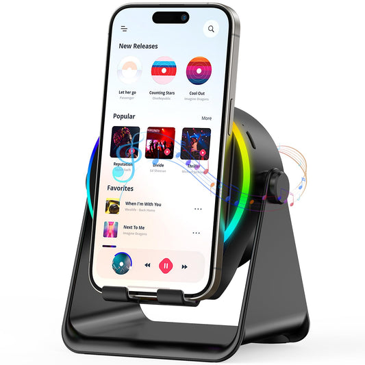 Wireless Induction Speaker- 4 in1 Bluetooth Speaker Phone Stand with Colorful Ambient Light 360° Rotation Compatible with iPhone/Android/iPad/Samsung Galaxy- Unique Birthday Gift for Men Women Adults