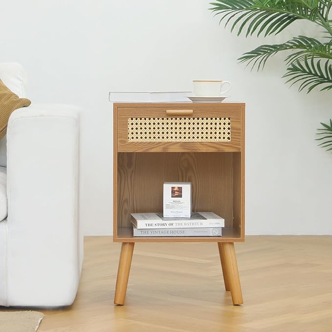 Mid Century Modern Nightstand, Rattan Bedside Table with Drawer and Open Shelf, Wood Nightstand Modern Side Table for Living Room, Bedroom and Small Space, Brown