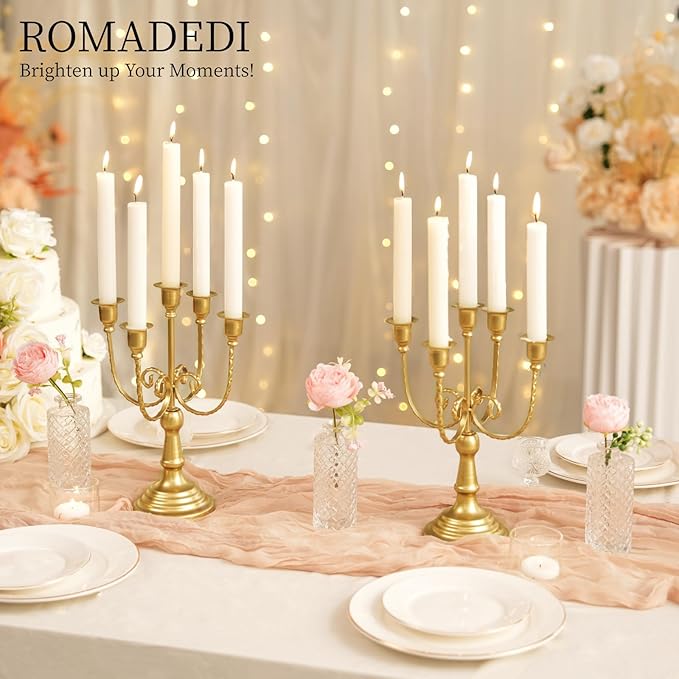 Romadedi Candelabra Gold Candle Holders - 5 Arm 11.8" Wedding Candlestick Holder for Theme Party Table Centerpiece Decor Dining Room Birthday Holiday Christmas, Set of 6