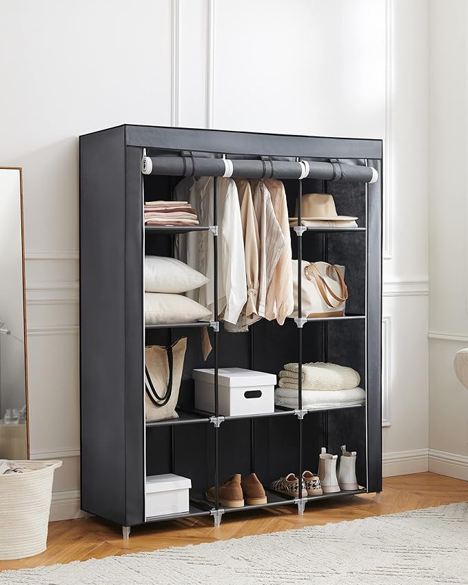 SONGMICS Portable Closet, Clothes Storage Organizer with 10 Shelves, 1 Clothes Hanging Rail, Non-Woven Fabric Closet, Metal Frame, 51 x 17.7 x 66.1 Inches, Grey URYG93G