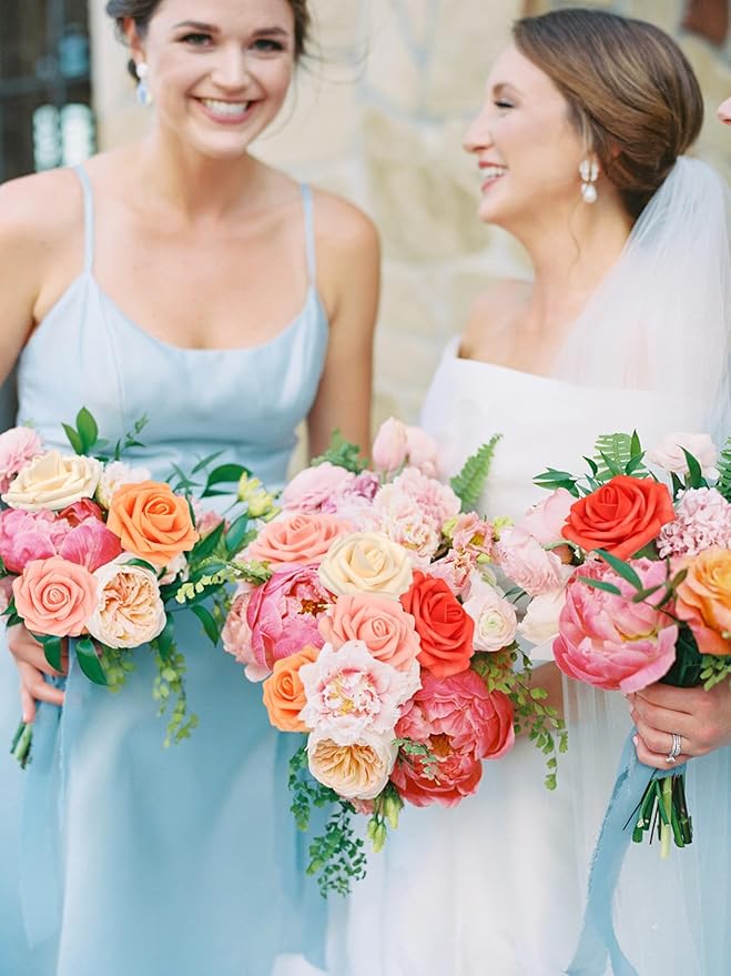 MACTING 30PCS Artificial Rose Flowers Real Touch Fake Flowers with Stem Foam Roses for DIY Wedding Bouquet Table Centerpieces Party Baby Shower Home Party Spring Mothers Day Decor(Mix Coral Series)