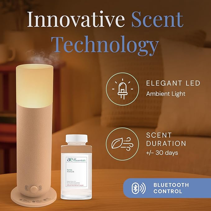 AE800 Tower Bluetooth Smart Diffuser with Santal Oil, A Warm Sandalwood & Cardamom Blend, Waterless Scent Machine for Home or Office, Large Room Coverage Up to 800 Sq. Ft.