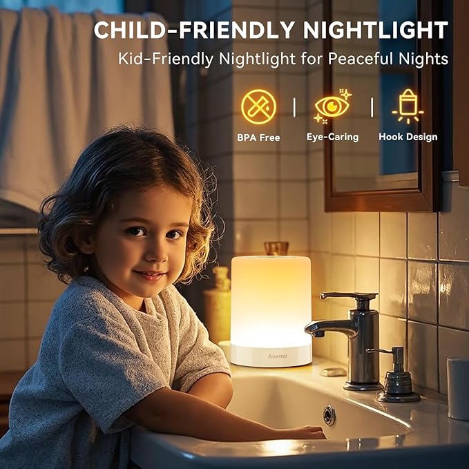 Auxmir Night Light for Kids Baby, Dimmable Touch Lamp for Nursery, 11 RGB Colors 5 Brightness, Portable Rechargeable Bedside Table Lamp for Nightstand, Kids Night Light for Bedroom Living Room, White