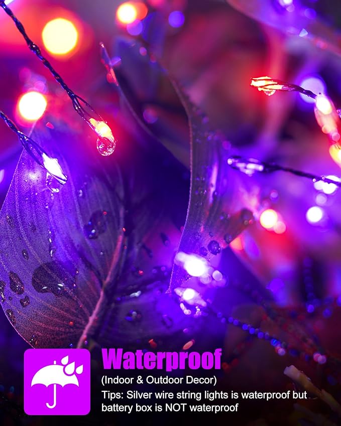 Fairy Lights Battery Operated, Twinkle String Lights Waterproof Silver Wire 5 Feet 60 Led Firecracker Starry Lights for DIY Wreath Party Bedroom Mason Jar Indoor Halloween Decoration, Orange & Purple