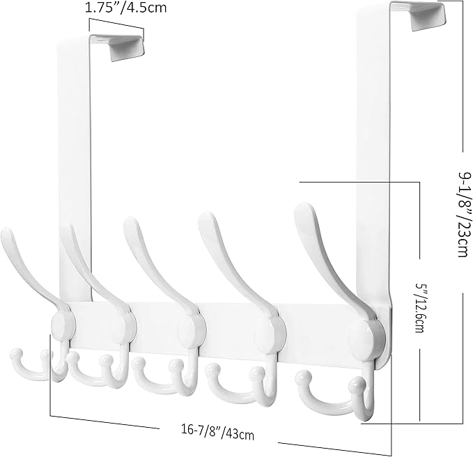 SKOLOO Over The Door Hook - for Doors up to 1-3/4'' Thickness, Metal Door Hanger with 5 Triple Hooks, Over The Door Hanger for Coats, Hats,Towels, White, Assembly Required