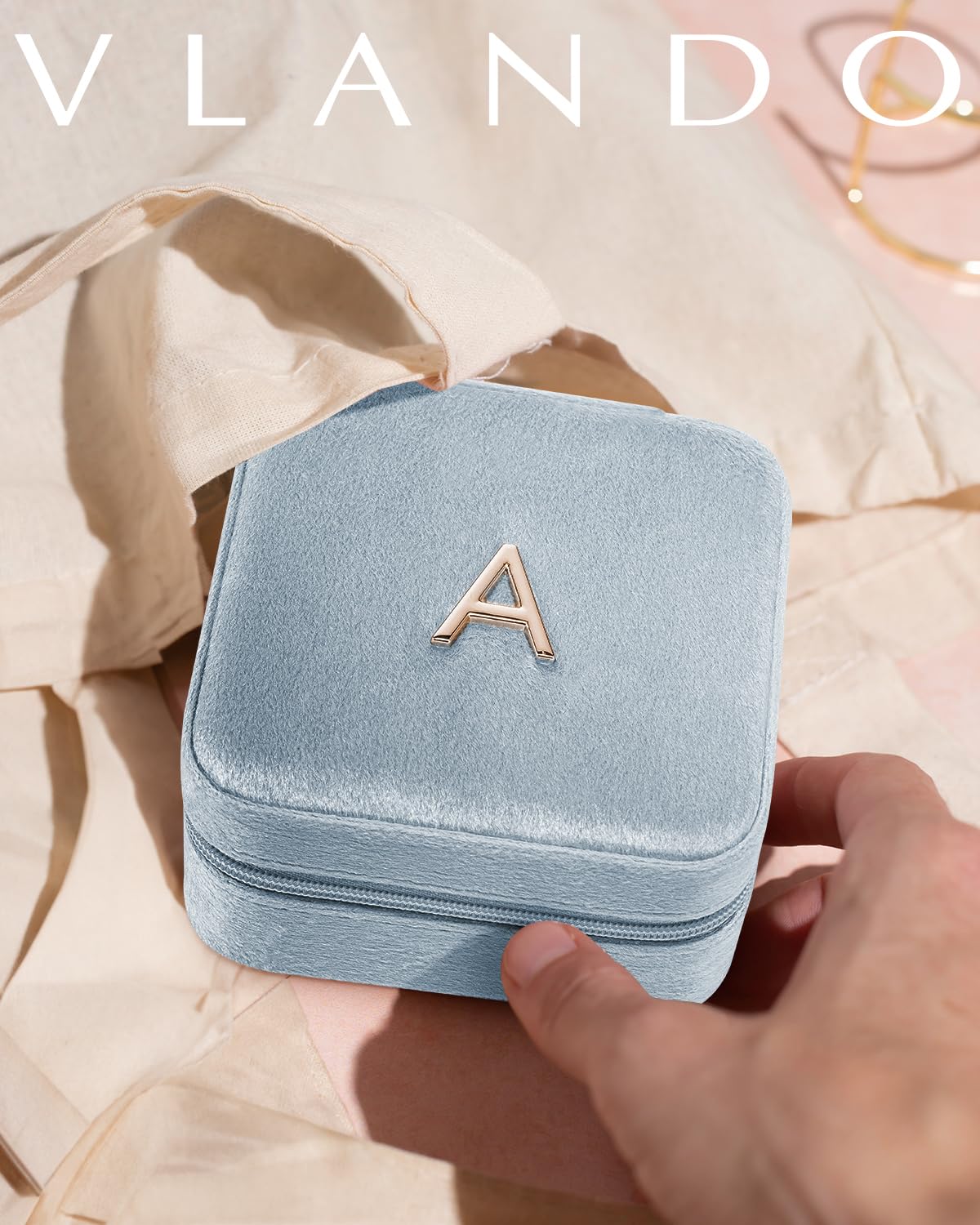 Vlando Birthday Gifts for Women Friendship, Personalized Initial Jewelry Box, Friendship Gifts for Women Friends, Travel Essentials Small Jewelry Box, Travel Box for Girls - Letter J, Blue