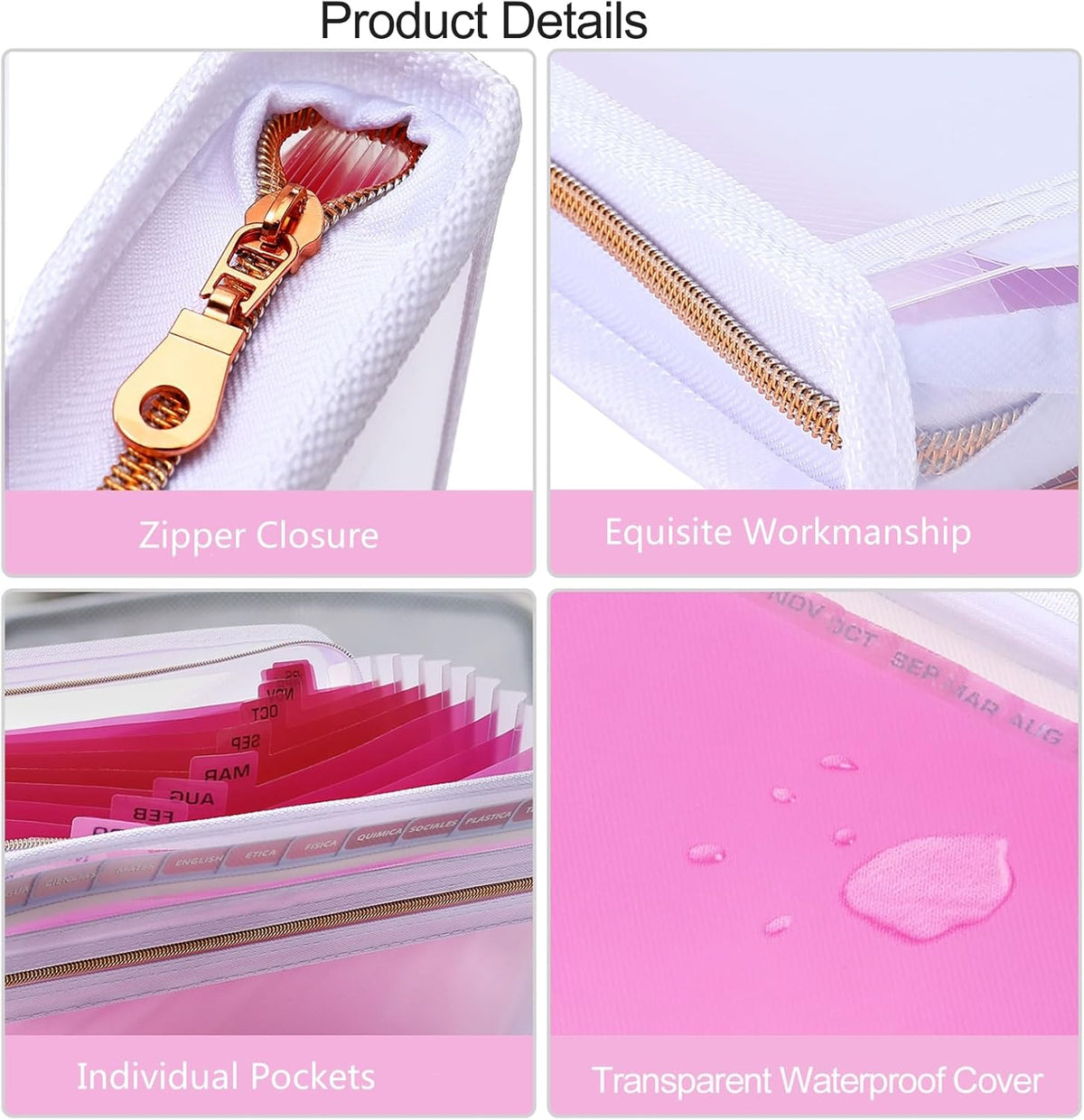 MEGREZ Expanding File Folder with 13 Pockets, A4 Paper File Folder with Zipper Color Labels, Waterproof Accordion File Folder Organizer for Home Office, Pink-Clear