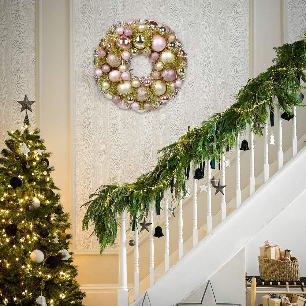 Christmas Ball Wreath 13" Xmas Wreaths Ornaments Glitter Thicken Shatterproof Garland Decoration for Door Wall Mantel Holiday Party Decor, Champagne Gold & Pink