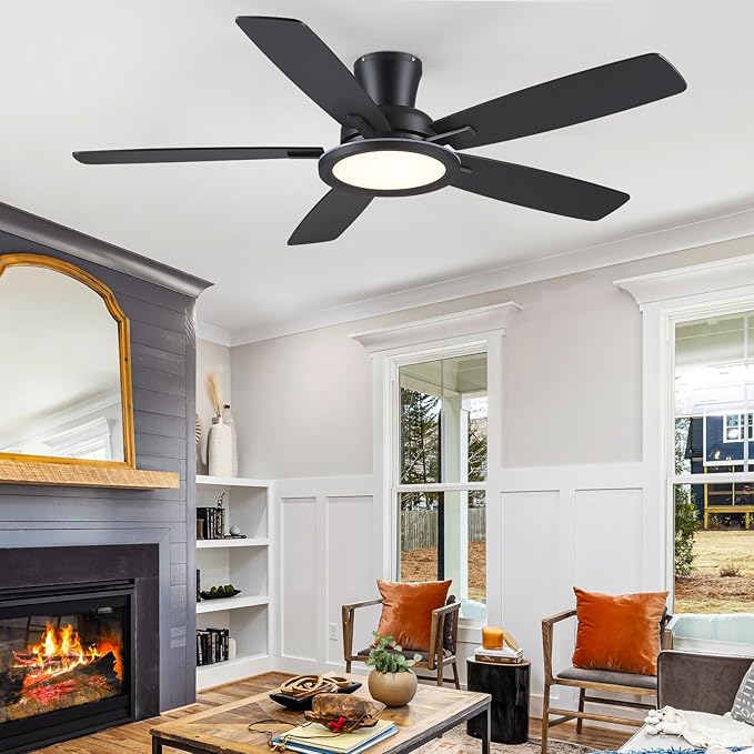 52" Flush Mount Ceiling Fan with Lights and Remote - Black Modern Ceiling Fan, Reversible and 5 Dual-Sided Blades, Low Profile Fan Light for Indoor Bedroom, Covered Patios
