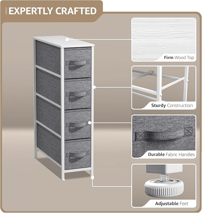 Sorbus Narrow Dresser with 4 Drawers - Vertical Slim Storage Chest of Drawers with Steel Frame, Wood Top & Easy Pull Fabric Bins for Small Spaces, Closets, Bedroom, Bathroom & Laundry (White/Gray)