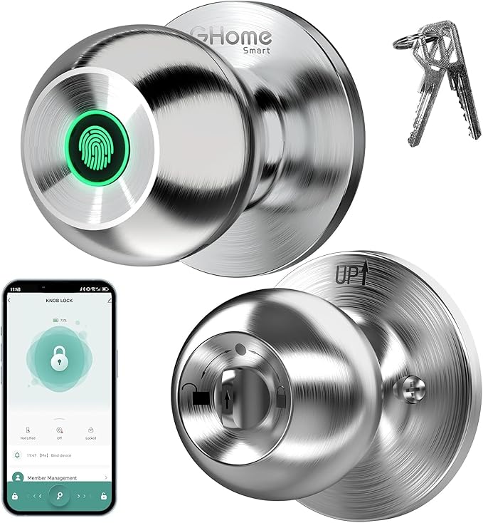 GHome Smart Fingerprint Door Lock, 3 in 1 Smart Fingerprint Door Knob with App Control & Key, Auto Lock, Biometric Door Knobs with Lock for Bedroom, Garage, Home & Office