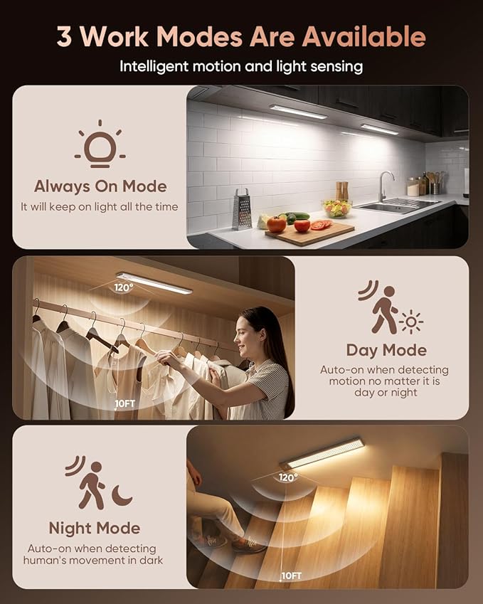 12inch Under Cabinet Lighting Wireless, 152LED Motion Sensor Light Indoor, Rechargeable Closet Lights, 3 Color Temps & Dimmable, Stick On Under Counter Lights for Kitchen, Pantry, 1 Pack