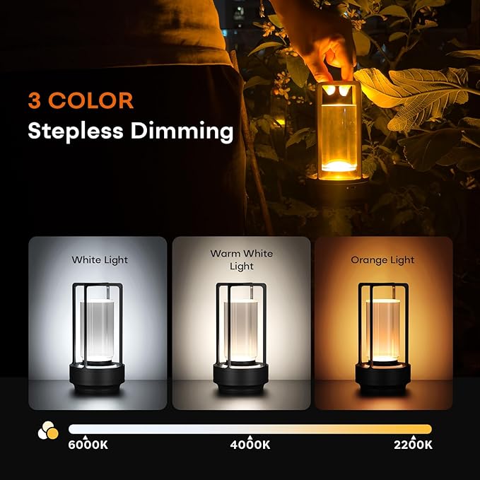 Portable Metal Table Lamp for Indoor/Outdoor ,Rechargeable Cordless LED Lamp, 3-Colour Infinitely Dimming Battery Powered Small Desk Lamp, Restaurant/Bedroom/Bar/Coffee Shop/Camping Light (Black)