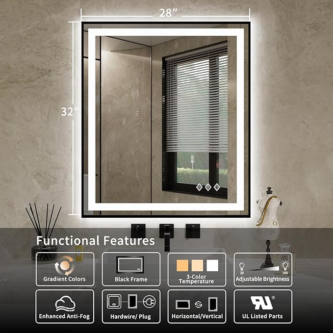 LED Bathroom Mirror, 28x32 Inch Black Framed Gradient Front and Backlit LED Vanity Mirror, 3 Colors Dimmable CRI>90, IP54 Enhanced Anti-Fog Wall Mounted Lighted Bathroom Mirror