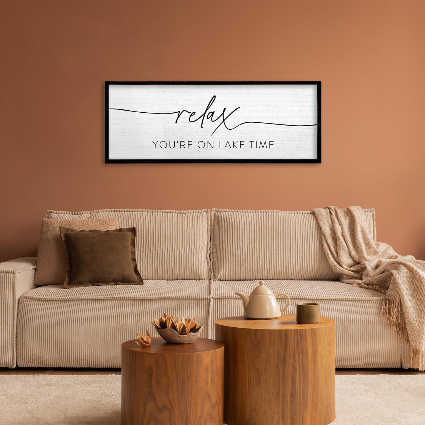 TQianJiang Relax You're On Lake Time Wall Decor 32"×12"" Lakeside Quote Sign Lake House Decor for Living Room Bedroom Large Rustic Wooden Framed Wall Hanging Art (Black)"