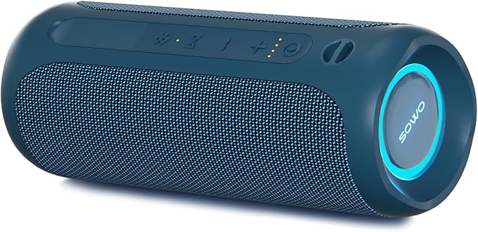 SOWO Portable Bluetooth Speaker, IPX7 Waterproof Wireless Bluetooth Speaker, Bassboom Technology, 25W Loud Stereo Sound, LED Light with TWS Pairing, 16H Playtime for Home and Outdoor -Blue