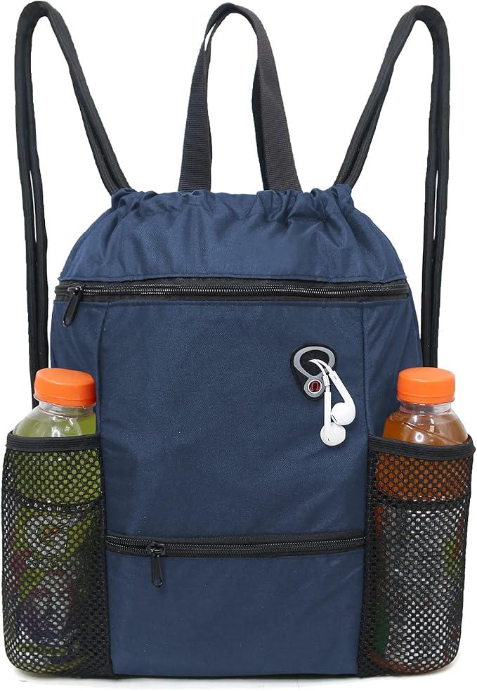 BeeGreen Drawstring Backpack Sports Gym Bag With Shoe Compartment and Two Water Bottle Holder …