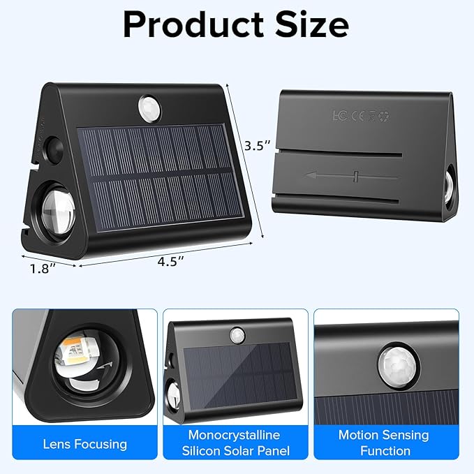6 Pack Motion Sensor Solar Step Lights, IP67 Waterproof Outdoor Stair Light, 3 Color Temp & Double-Sided Lighting,Outside Decor Light for Deck,Porch,Railing,Fence,Walkway, Yard,Wall,Patio