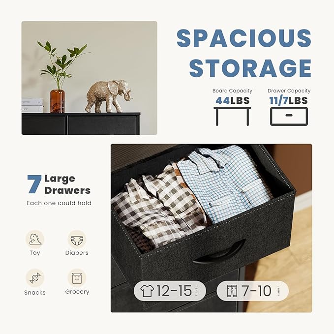 DUMOS Dresser for Bedroom with 7 Drawers, Storage Organizer Units Furniture, Chest Tower TV Stand with Fabric Bins, Metal Frame, Wooden Top for Nursery, Living Room, Bedroom, Closet, Black01