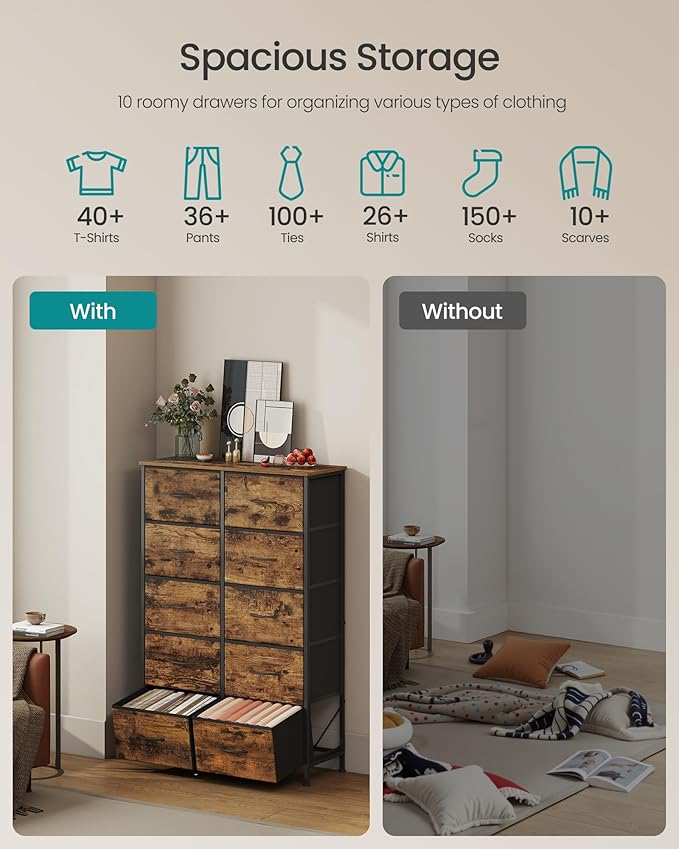 SONGMICS Dresser for Bedroom, Chest of Drawers, Steel, MDF, 10 Non-Woven Fabric Drawers, Storage Organizer Unit, Closet, Entryway, Rustic Brown and Ink Black ULGS125B02S
