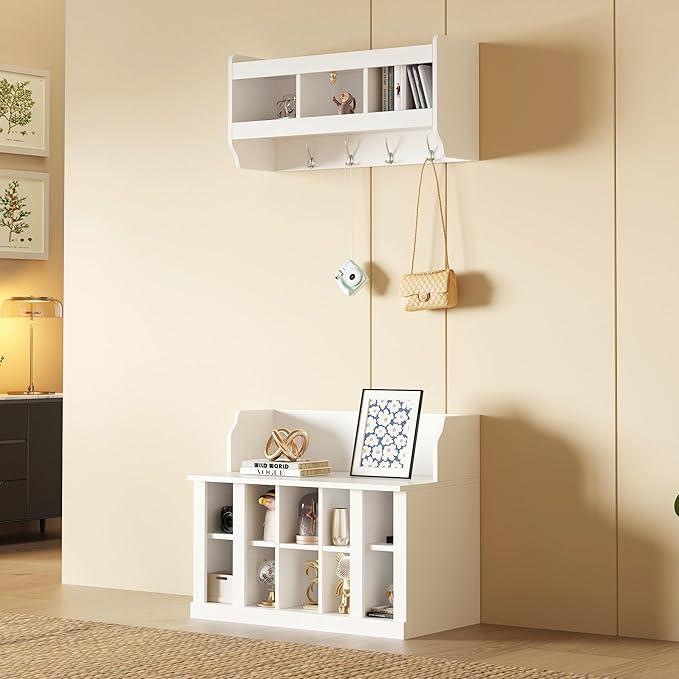 Multi-Functional Hall Tree with Wall Mounted Coat Rack, Shoe Storage Bench with Shelves and 4 Hooks, Entryway Organizer for Hallway, Foyer, Mudroom, Living Room (White-52s)