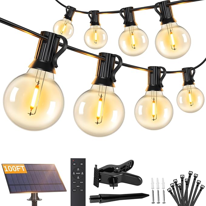 Brightever 100FT Solar String Lights Outdoor with Remote and 36+2 LED Shatterproof G40 Bulbs, Dimmable & Timable, 3 Lighting Modes, Waterproof Solar Power Outdoor Lights for Patio, Garden, Wedding