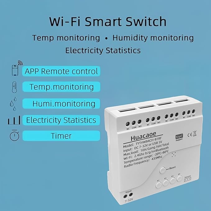 Tuya 4CH 7-32V Smart Temperature and Humidity Sensor,Dry Contact,Remote Application Control and Monitoring Function, Voice Control, Smart Scene, Compatible with Alexa and Google Home