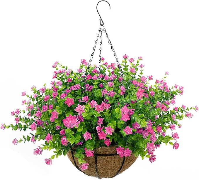 Artificial Hanging Flowers Basket, 12 UV-Resistant Bundles of Realistic Fake Flowers, Faux Plants for Outdoor Decor, Home, Garden, Porch, Patio, Spring & Summer Decorations, Pink
