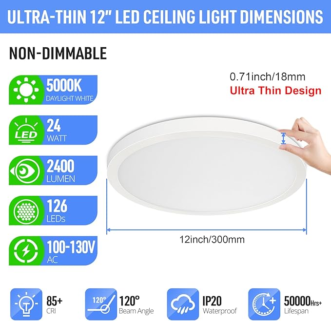 SunRider 2-Pack LED Flush Mount Ceiling Light Fixture, 5000K Daylight White, 2400LM, 12 Inch 24W 240W Equiv. Round Flat Ceiling Lamp, Non-Dimmable