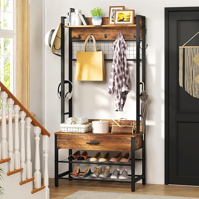 Recaceik Hall Tree with Bench and Shoe Storage, Entryway Coat Rack with Shoe Bench, Industrial Hall Tree with Drawers and 12 Hooks for Bedroom, Living Room