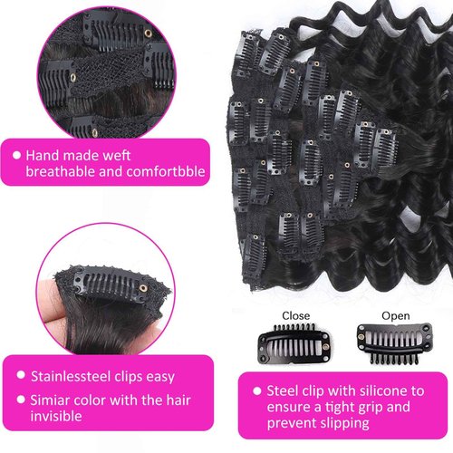 Curly Clip in Hair Extensions Real Human Hair 24inch 120g Invisible & Seamless 100% Brazilian Remy Human Extension Deep Wave Clip ins Extensions Double Weft 8 PCS with 20 Clips Natural Black