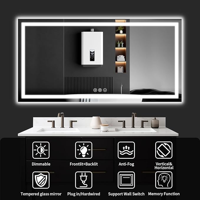 LED Bathroom Mirrors 28"x60" Bathroom Mirror with Lights for Wall, Backlit + Front Lit, 3 Colors, Anti-Fog, Dimmable Brightness for Vanity,Bathroom, Entryway, Living Room