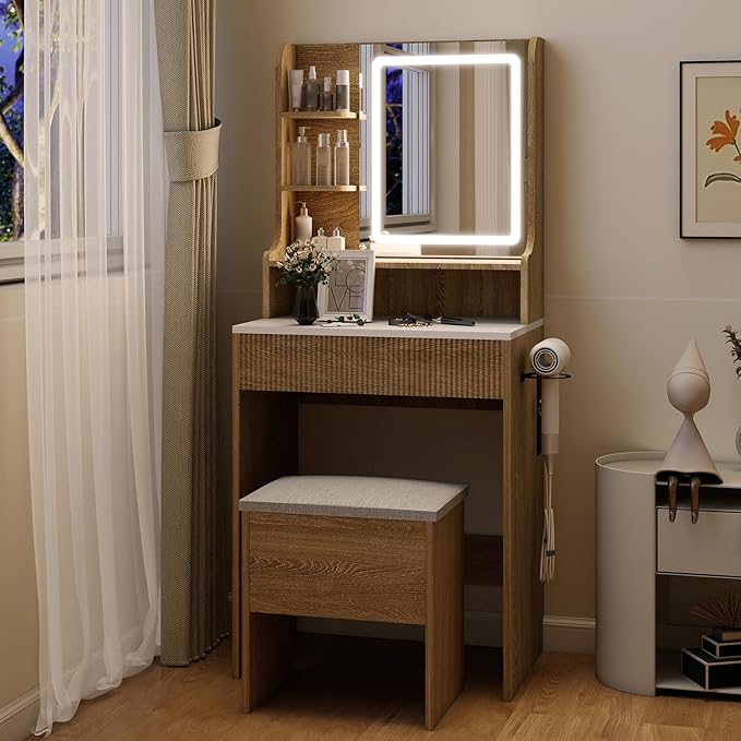 YOURLITE Fluted Makeup Vanity Desk with Mirror and Lights, 24" Small Vanity Table Set with LED Mirror & Stool, Dressing Table for Bedroom