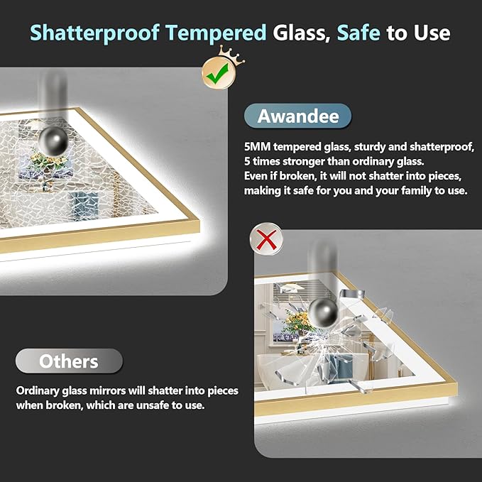 44x30 Gold LED Bathroom Mirror with Lights, Brushed Gold Framed Backlit and Front Lit Anti-Fog Lighted Vanity Mirrors for Bathroom Wall, Dimmable, 3 Colors, Memory, HD Tempered Glass, CRI＞90