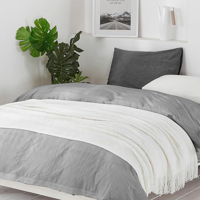 BOURINA Off White Throw Blanket 50x60 Inches Throw Textured Solid Soft Sofa Couch Decorative Knit Blanket